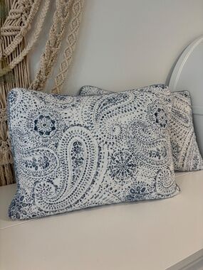 RACHEL ASHWELL Set of TWO quilted pillow shams shabby chic paisley blue & white